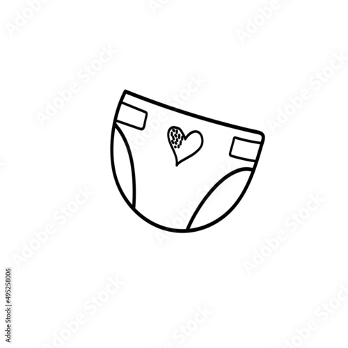Diaper for newborn babies. Absorbent underwear for kids and infants. Doodle sketch vector art.