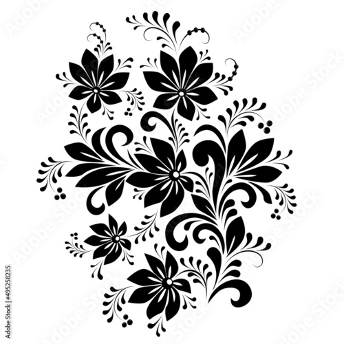 Floral decorative ornament in black color on a white isolated background. Pattern of flowers, leaves, swirls, berries. Decorative bouquet silhouette.