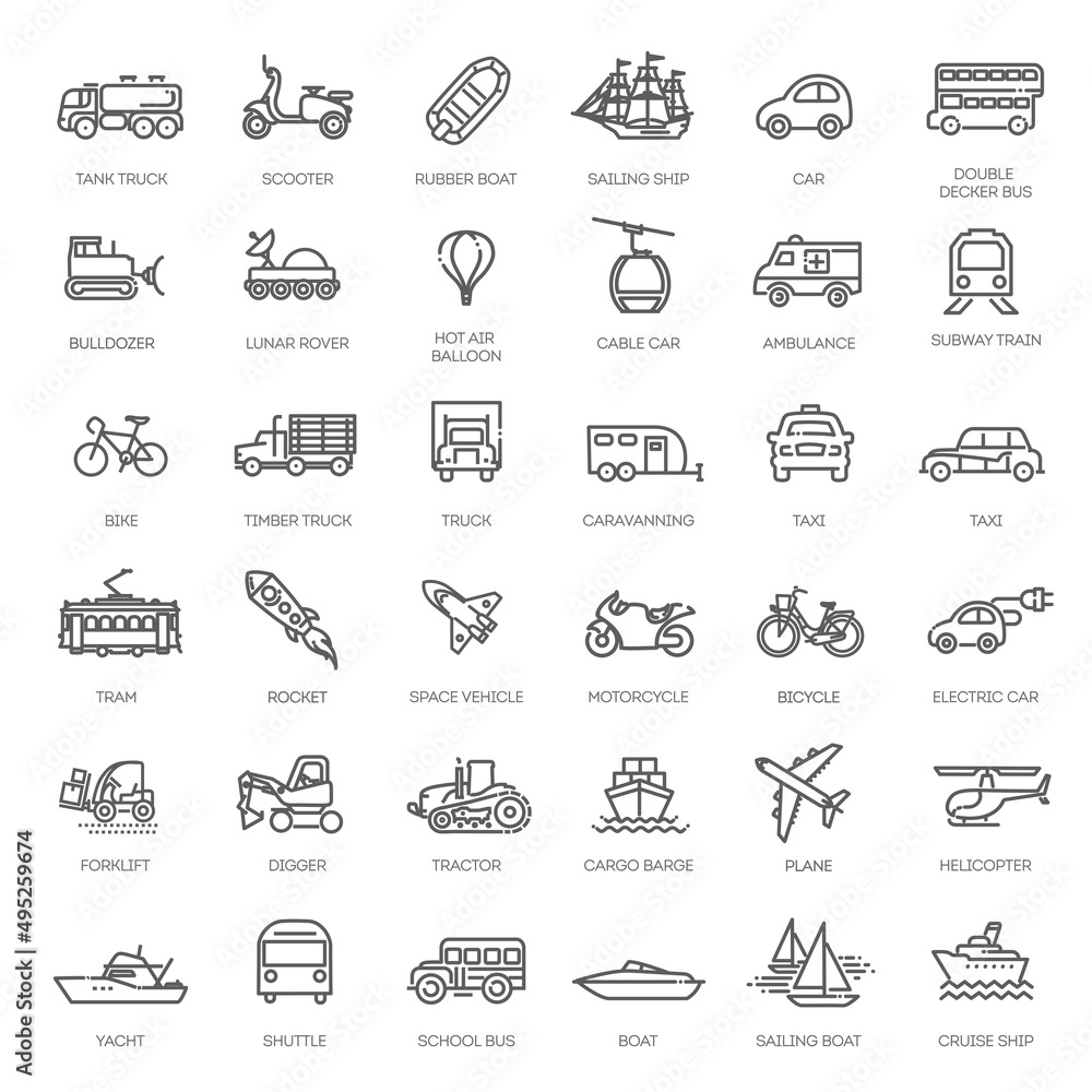 Transport, vehicle and delivery elements - minimal thin line web icon set