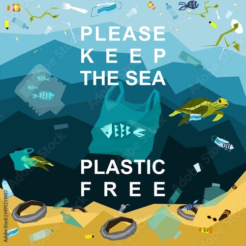 World oceans day, World Environment Day, Earth day, World Maritime Day concept vector illustration. Stop plastic pollution. Keep the oceans clean. Save the marine life. Stop creating trash mutants