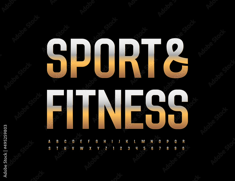 Vector modern banner Sport and Fitness. Chic metallic Font. Gold Alphabet Letters and Numbers set