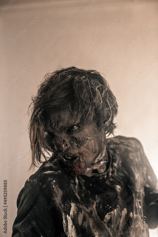 Fototapeta premium Zombies, Apocalypse, burnt people, boy, man