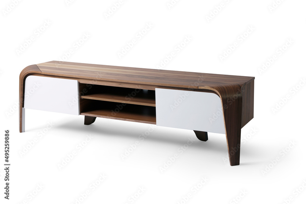 modern TV table wood on white background . corner view modern TV table wood on white background . corner view