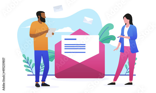 Business newsletter - Caucasian woman and ethnic man working on e-mail campaign for corporate business. Flat design vector illustration with white background