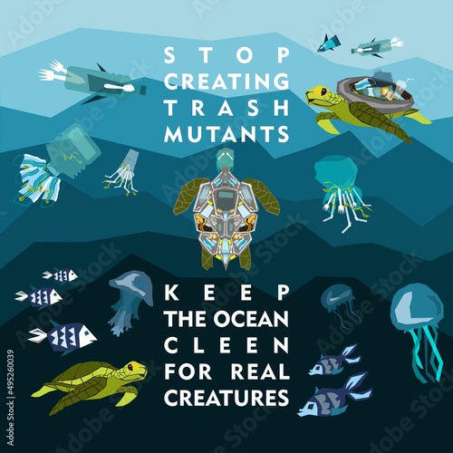 World oceans day, World Environment Day, Earth day, World Maritime Day concept vector illustration. Stop plastic pollution. Keep the oceans clean. Save the marine life. Stop creating trash mutants