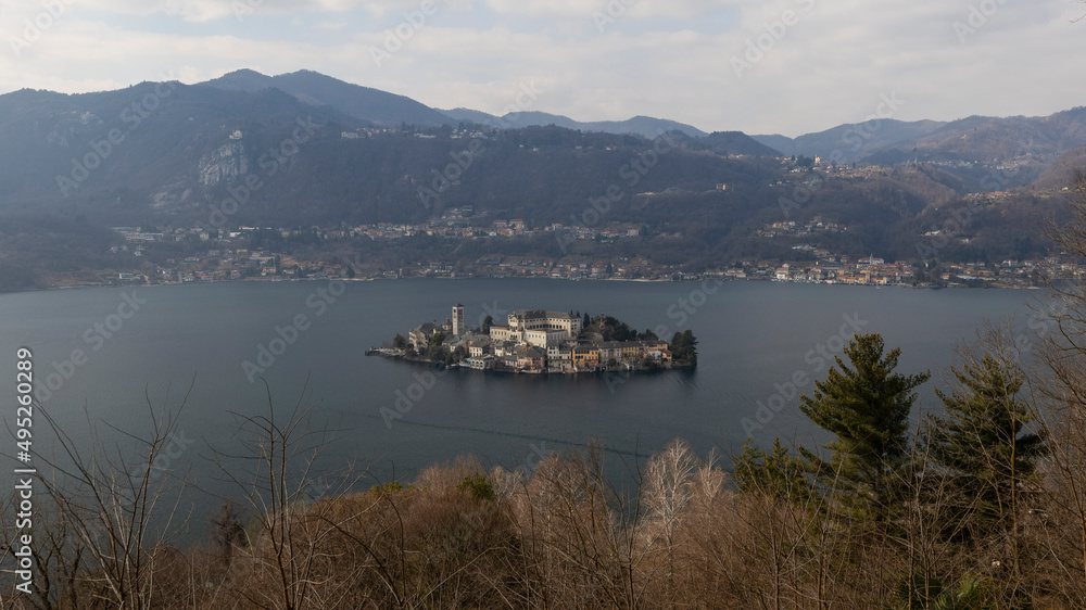 the Island of San Giulio and Lake Orta seen from the ascent to Sacro Monte