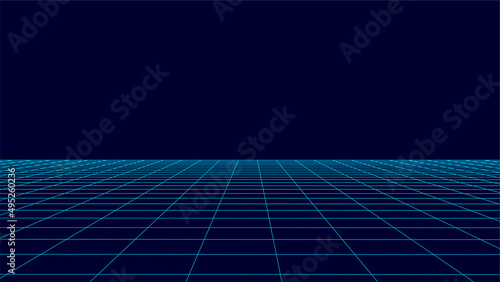 Technology perspective grid. Digital space wireframe landscape. Blue mesh on a black background. 3d rendering.