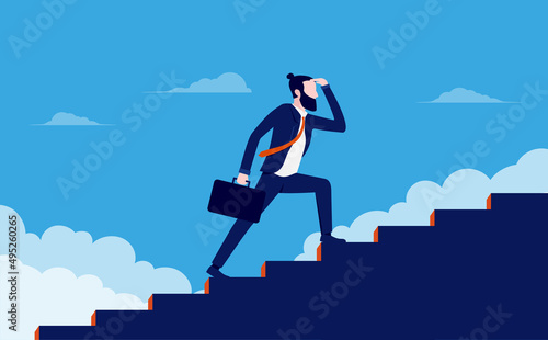 Career climbing - Businessman walking up stairs looking for new opportunities. Flat design vector illustration with blue background