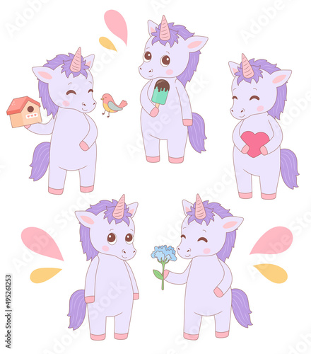Unicorn set, spring or summer vector illustration