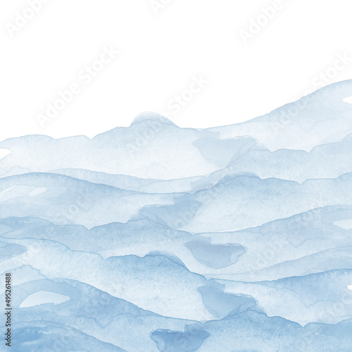 Watercolor line of blue paint, splash, smear, blot, abstraction. Used for a variety of design and decoration. Strokes of paint, lines, splash. Horizontal line,background. Blue sea, Hill, fog mountain © helgafo