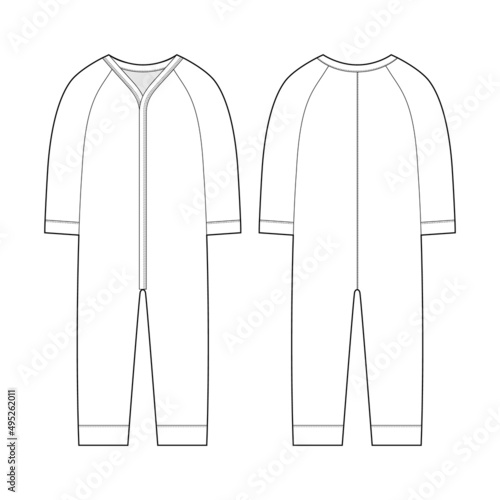 Onesie with a long sleeves. Infant romper. Baby body wear mock up. Children bodysuit. Technical sketch.