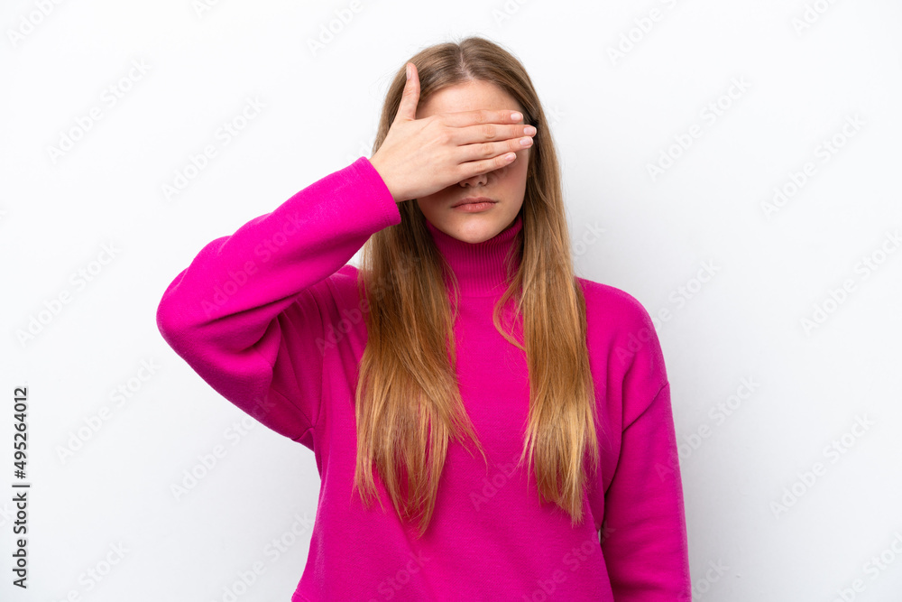 Young caucasian woman isolated on white background covering eyes by hands. Do not want to see something Young caucasian woman isolated on white background covering eyes by hands. Do not want to see something