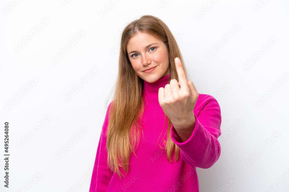 Young caucasian woman isolated on white background doing coming gesture Young caucasian woman isolated on white background doing coming gesture