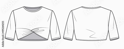 Women Crop T-Shirt fashion flat technical drawing template. Vector short sleeved T-Shirt fashion CAD, woman round neck top detail technical drawing template.