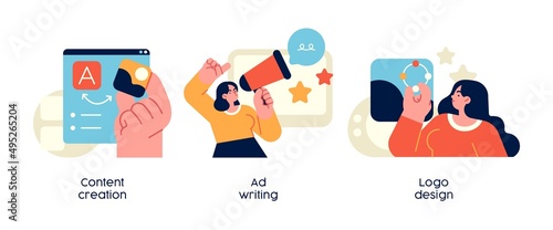 Effective work and creative process abstract concept vector illustration set. Content creating, Analytics and data science, Problem solving abstract metaphor.