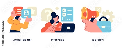 Recruitment process and hiring new employees - set of business concept illustrations. Virtual job fair, intership, job allert. Visual stories collection. photo