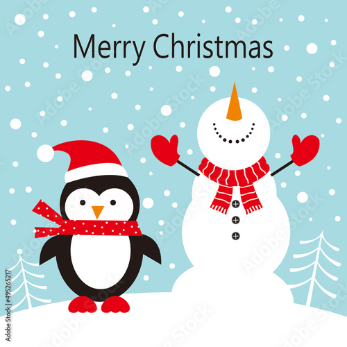 christmas card with snowman and penguin