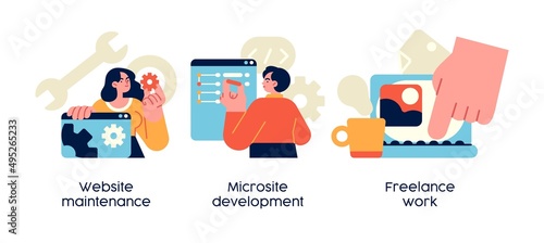 Web design, programming and coding idea. Remote job, freelancer cartoon character. Website maintenance, microsite development, freelance-work metaphors.