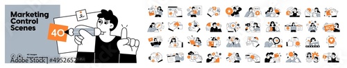 Business Marketing illustrations. Mega set. Collection of scenes with men and women taking part in business activities. Trendy vector style