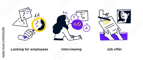 Recruitment process and hiring new employees - set of business concept illustrations. Virtual job fair, intership, job allert. Visual stories collection. photo