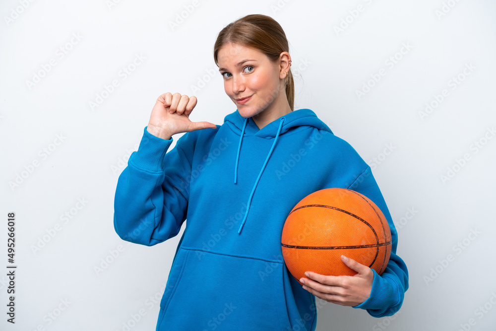 Young caucasian woman playing basketball isolated on white background proud and self-satisfied Young caucasian woman playing basketball isolated on white background proud and self-satisfied