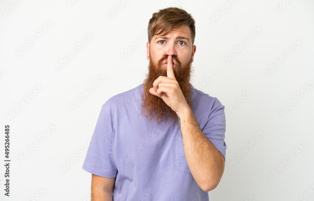 Young reddish caucasian man isolated on white background showing a sign of silence gesture putting finger in mouth Young reddish caucasian man isolated on white background showing a sign of silence gesture putting finger in mouth