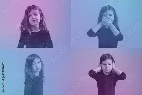 a collage of portraits of a little naughty girl with different emotions on a blue and pink background. Human emotions and facial expression in pop art, contemporary