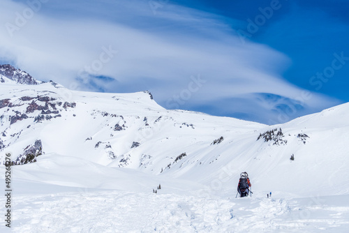 Hiker on the Paradise winter trails in Mount Rainier National Park