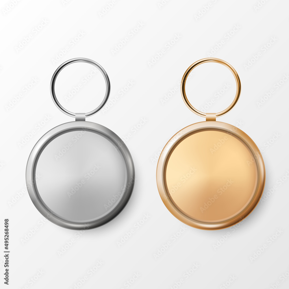 Vector 3d Realistic Round Keychain, Silver and Golden Ring and Chain for Key Isolated on White. Button Badge with Ring. Plastic, Metal ID Badge with Chains Key Holder, Design Template, Mockup Vector 3d Realistic Round Keychain, Silver and Golden Ring and Chain for Key Isolated on White. Button Badge with Ring. Plastic, Metal ID Badge with Chains Key Holder, Design Template, Mockup