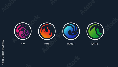 Four element nature icon logo vector. Abstract Wind, Air, fire, water, earth symbol design for game or app concept.