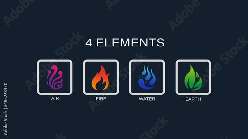 Four element nature icon logo vector. Abstract Wind, Air, fire, water, earth symbol design concept.