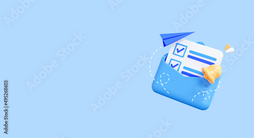 3D Letter with completed task or checklist in envelope isolated on background with empty copy space for text or promotion. Business illustration. Realistic elements for banner template. 3D Rendering