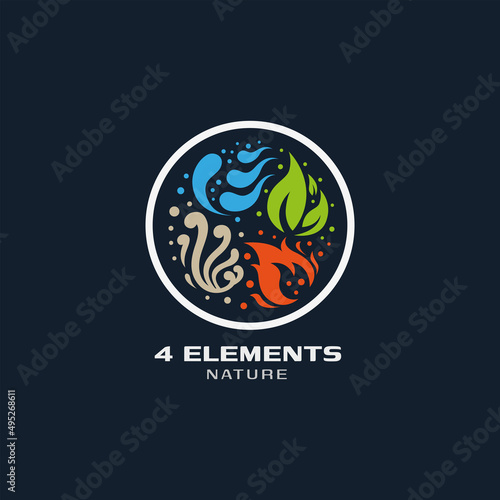 Four element nature icon logo vector. Abstract Wind, Air, fire, water, earth symbol at round circle design concept.