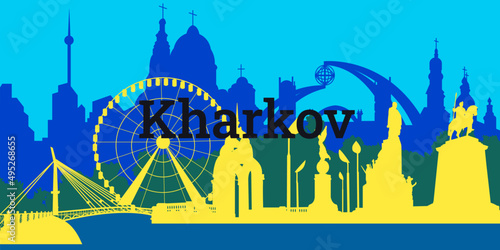 Blue-yellow silhouettes of the sights of Kharkiv