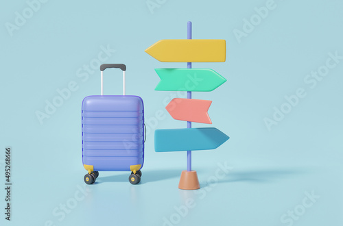 Leisure touring holiday summer concept. Purple suitcase and signpost mockup of travel on blue background, isolated, cartoon minimal. 3d render illustration photo
