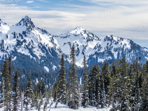 Winter view of Pinnacle Saddle from Skyline trail in Mount Rainier National Park