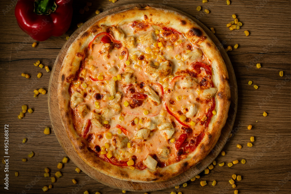 delicious pizza served on wooden table top view delicious pizza served on wooden table top view