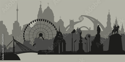 Black and white silhouettes of the sights of Kharkiv Ukraine