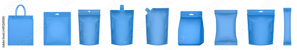 Set of realistic doy pack mockups. Blue flow pack, sachet, zip bag and doypack. Ice cream wrapper. Sheet mask sachet. Coffee, sause or candy packaging. Set of realistic doy pack mockups. Blue flow pack, sachet, zip bag and doypack. Ice cream wrapper. Sheet mask sachet. Coffee, sause or candy packaging.