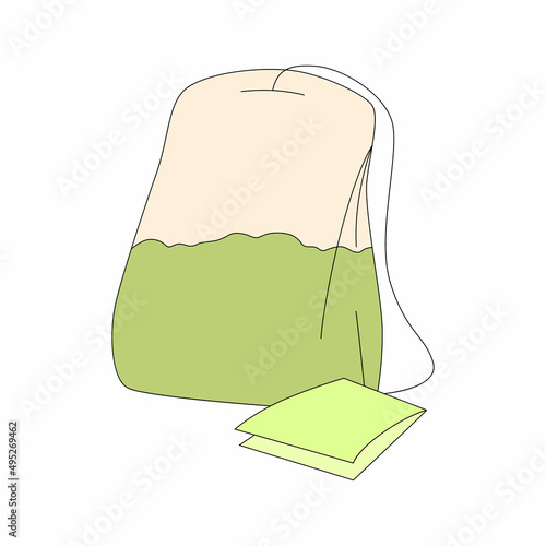 Tea bag in cartoon style. Vector illustration of green herbal tea isolated on white