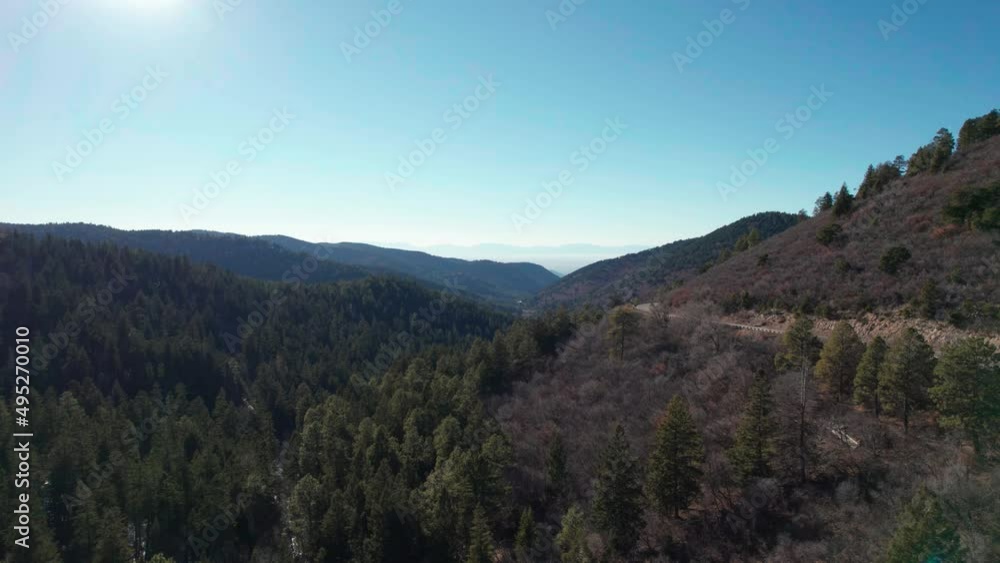 Drone aerial view climbing up in altitude to reveal a large forest valley Drone aerial view climbing up in altitude to reveal a large forest valley