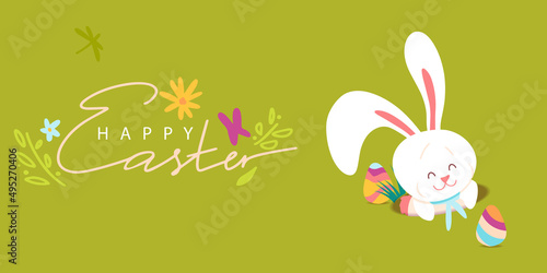 Rabbit Egg hunt design concept. Happy Easter greeting card with bunny and eggs. Vector Illustration horizontal banner. 