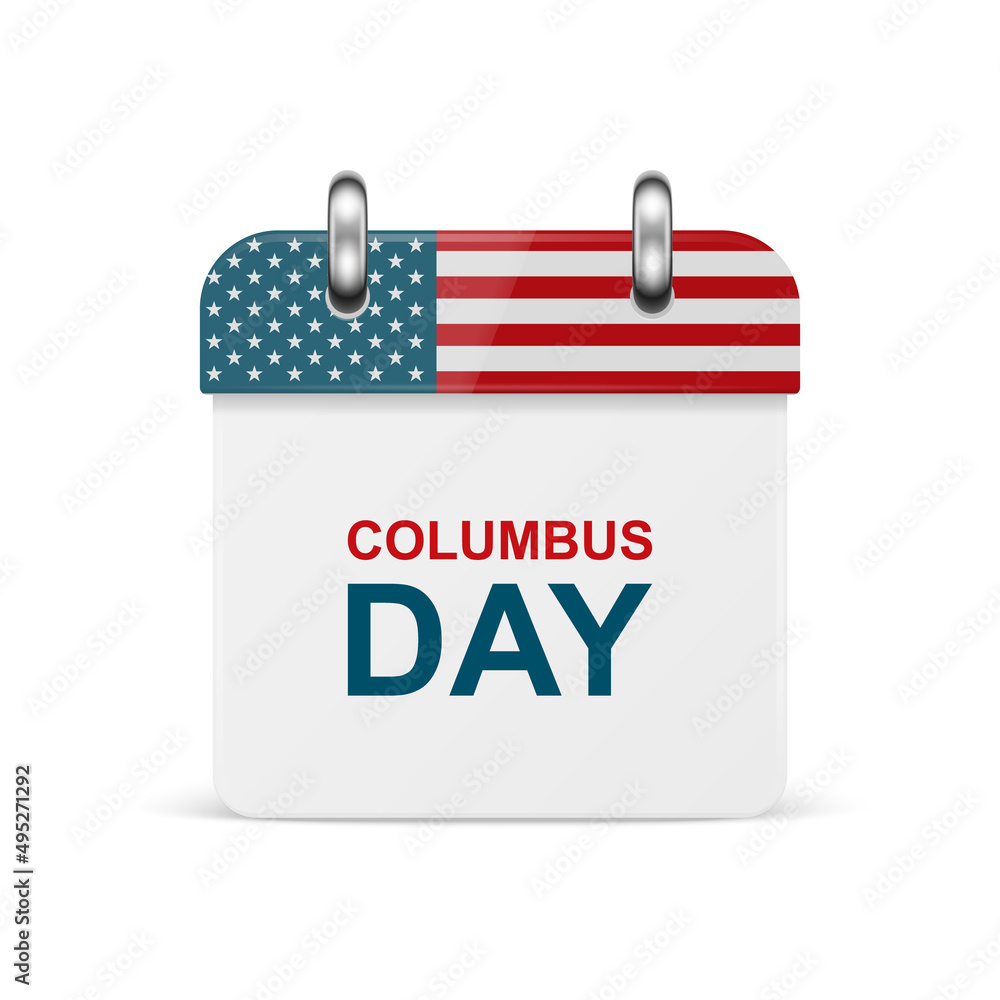 Vector 3d Realistic Columbus Day Paper Classic Simple Minimalistic Calendar with US Flag Colors Icon. Design Template for Columbus Day Card, Banner, Wall Calendar, Background