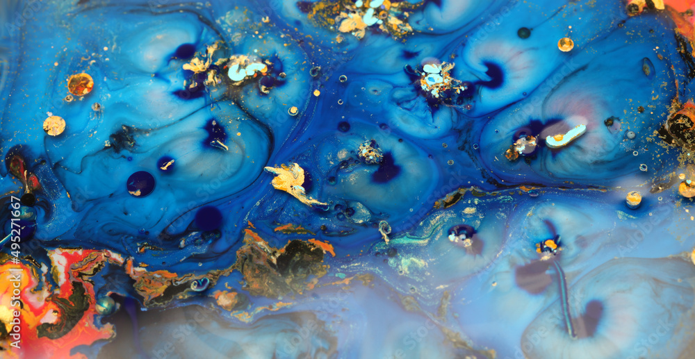 Macro Abstract bubble marble texture background. Acrylic gold and blue color in water and oil. Macro Abstract bubble marble texture background. Acrylic gold and blue color in water and oil.