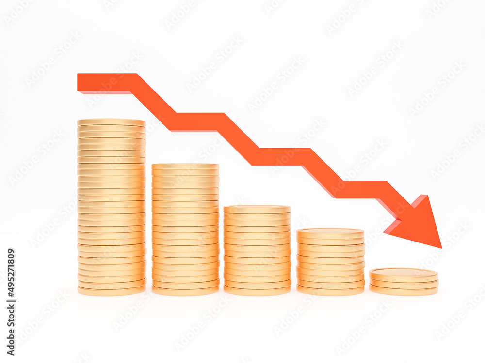 3D Red down arrow and coin stacking graph on white background, Minimal concept trading crypto currency, Market investment trading, exchange, 3D rendering, isolated, financial, index, forex, drop.
3D Red down arrow and coin stacking graph on white background, Minimal concept trading crypto currency, Market investment trading, exchange, 3D rendering, isolated, financial, index, forex, drop.
