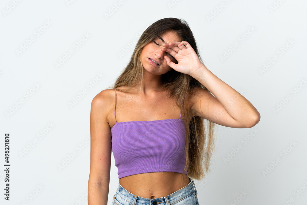 Fototapeta premium Young caucasian woman isolated on white background with tired and sick expression