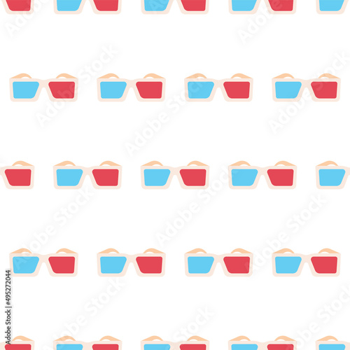Hipster 3d anaglyph red and blue cinema glass icon. Flat retro seamless pattern, cover illustration.
