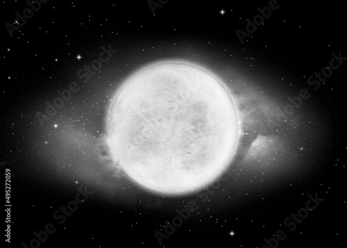 Moon and super black and white deep space. High resolution 3d render of phases of the moon. Background night sky with stars  moon and clouds. The image of the moon of incomparable beauty.