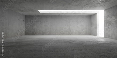 Abstract empty, modern concrete room with large opening on the right wall and ceiling with rough floor - industrial interior background template
