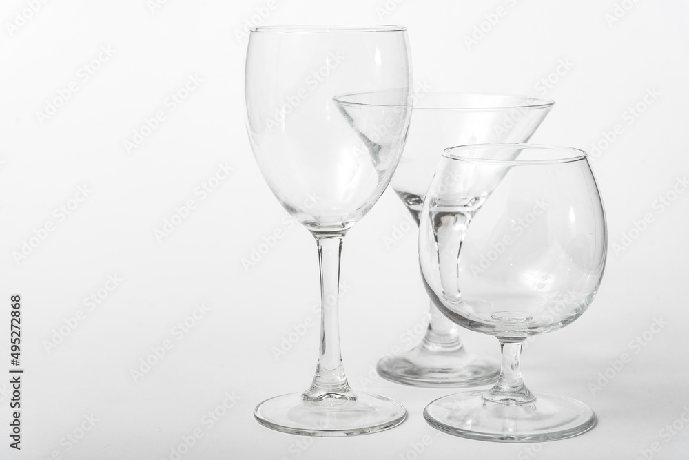 Glass set of goblet group, empty clean glassware Glass set of goblet group, empty clean glassware